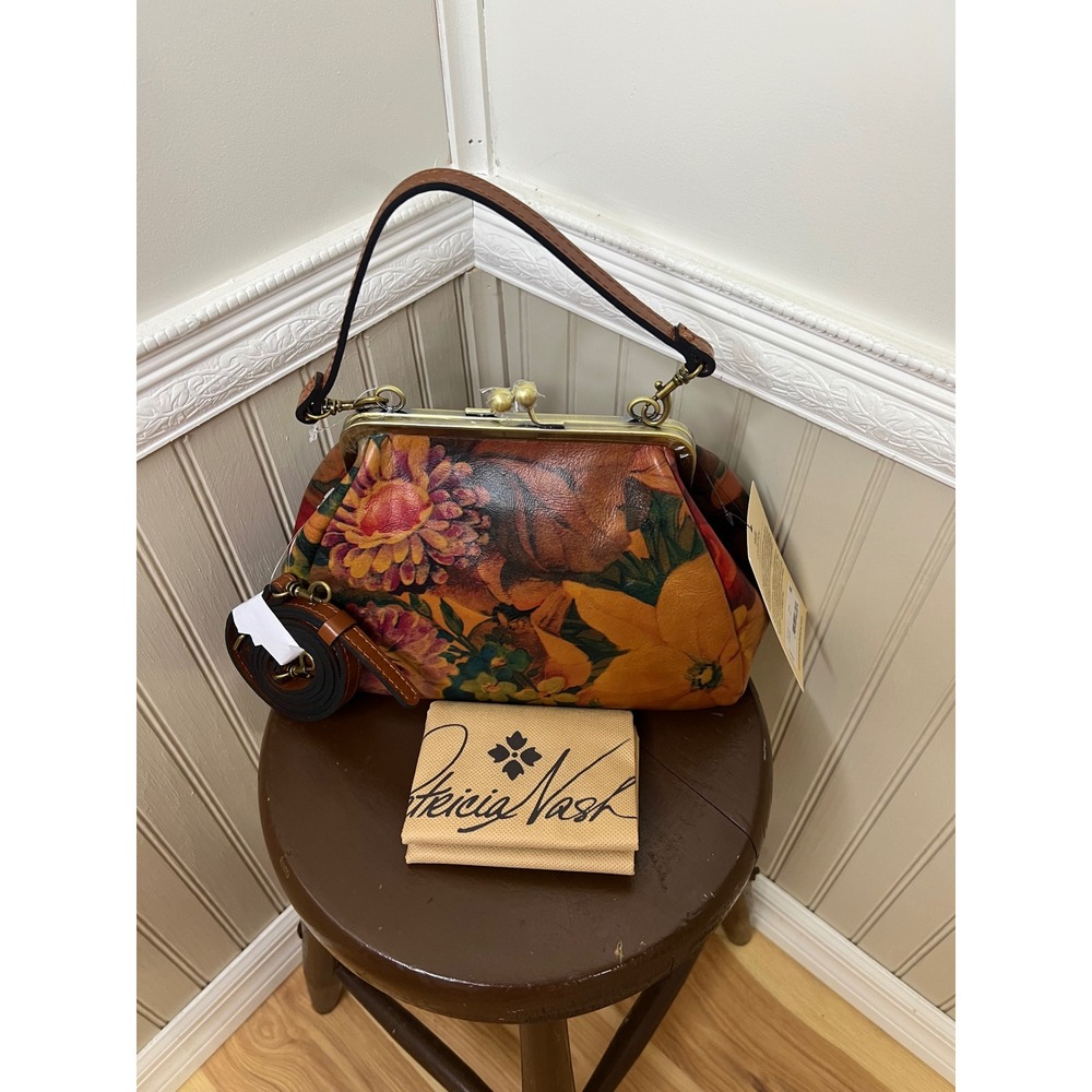 Patricia Nash Floral Leather Kiss Lock Satchel Bag Multi Color Vintage Style NEW - Picture 2 of 11
